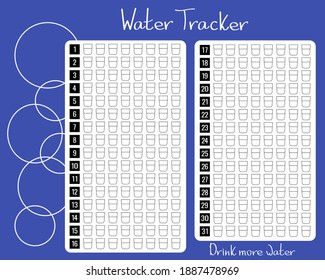 Daily Water tracker. Track the amount of water you drink in a month. Paint over the cups of water. Planner page of good habits. Healthy lifestyle