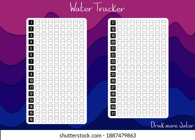 Daily Water tracker. Track the amount of water you drink in a month. Paint over the cups of water. Planner page of good habits. Healthy lifestyle