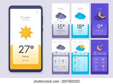 Daily weather forecast phone app in 3d paper cut style. Climate and atmosphere widget template for smartphone. Meteo condition ui vector set. Application interface with rain, sun and clouds