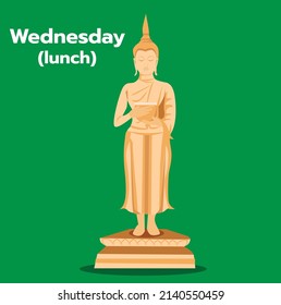 Der tägliche Mittwoch (Mittagessen) Als Pang Buddha Bild Stil Vektorgrafik auf grünem Hintergrund.