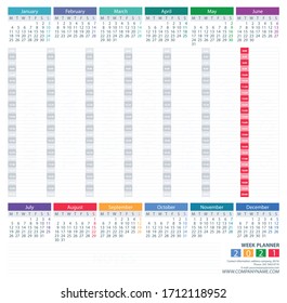 Daily Week Planner 2021 Calendar Vector Design Template. Colorful design. Week Starts Monday. For office or private use.