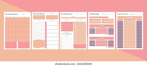 Daily, weekly, monthly planner and monthly budget planner template set. Modern and minimalist style. Printable A4 sheets.Vector illustration
