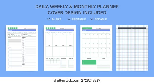 Daily weekly monthly planner printable template set. Grid design with colourful stripes, habit and mood tracker, priorities, to-do lists and planner cover, perfect for scheduling and productivity.