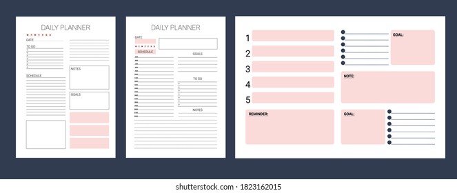 Daily, weekly, monthly planner template. Minimalist planners. Blank diary notebook page isolated. Business organizer page. Paper sheet vector. Ready to print template. Week schedule. Organizer page