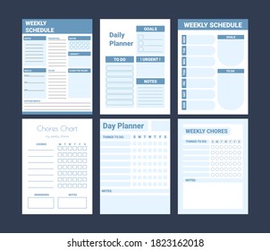 Daily, weekly, monthly planner template. Minimalist planners. Blank diary notebook page isolated. Business organizer page. Paper sheet vector. Ready to print template. Week schedule. Organizer page