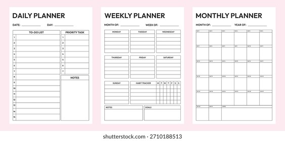 Plantilla diaria, semanal, mensual del planificador. Calendario mensual. Conjunto de planificador de productividad imprimible minimalista. Plantilla de lista de tareas pendientes, página de planificador de seguimiento de hábitos.