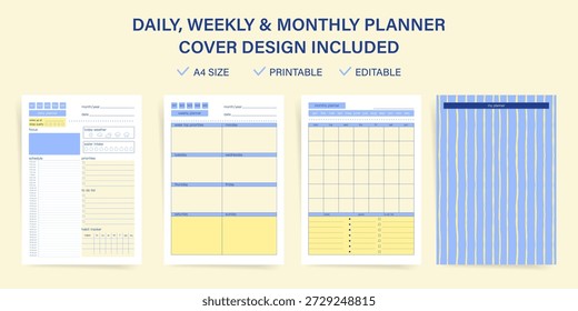 Daily weekly monthly planner template vector set. Pastel blue diamond pattern cover design. Ideal for personal organizer, printable journal, editable notebook, evaluation, priorities.