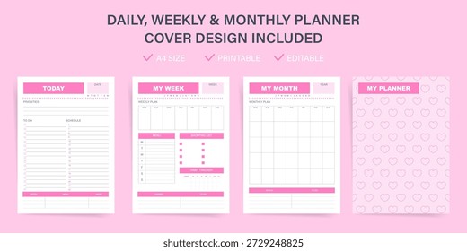Daily weekly monthly planner template vector set. Cute pink heart pattern cover design. Ideal for personal organizer, printable journal, editable notebook, schedule, goals.