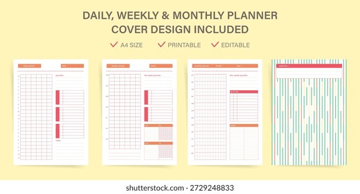 Daily weekly monthly planner template vector set. Vibrant orange stripe pattern cover design. Ideal for personal organizer, printable journal, editable notebook, priorities, habit mood.