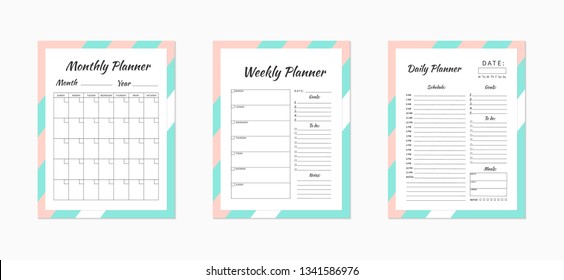 Daily,  weekly and monthly planner templates. Blank white, pink and mint,  green planner pages isolated on white. Business organizer page. Time-management concept. Stationery vector illustration.