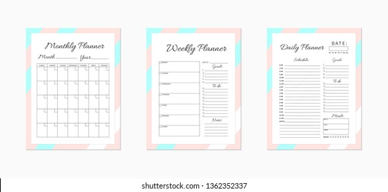 Daily,  weekly and monthly planner templates. Blank white, pink and blue planner pages isolated on white. Business organizer page. Time-management concept. Stationery vector illustration.