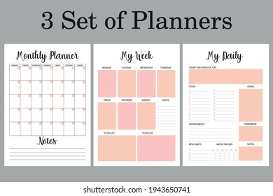 Daily, weekly,  monthly planners set, 3 planner pages A4 sizes. Pages for bullet journal, notebook.