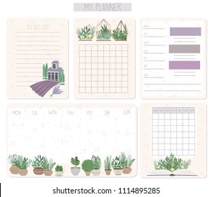Daily and weekly planner collection in Provence style with lovely plant in the pot and terrerium. Editable vector illustration
