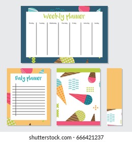 Daily and Weekly Planner in Scandinavian Style with Ice-cream Pattern. Perfect for Print, Template, Bookmark. Vector isolated illustration
