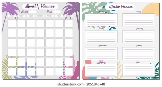 Daily, Weekly, Planner Set template vector. Palms floral decoration background. Business notebook management, organizer