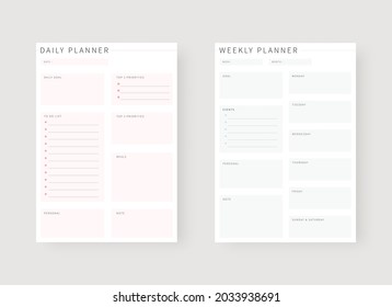 Daily and weekly planner template. Set of planner and to do list. Modern planner template set. Vector illustration.