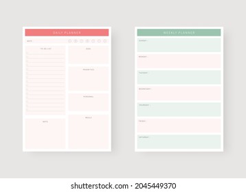 Daily and weekly planner template. Set of planner and to do list. Modern planner template set. Vector illustration.