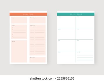 Daily and weekly planner template. Set of planner and to do list. Modern planner template set. Vector illustration.