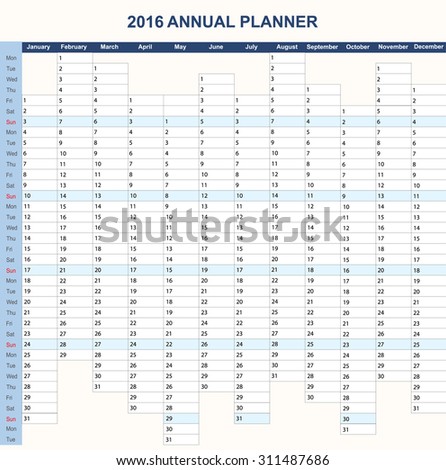 Daily weekly vector 2016 planner calendar template colorful organizer