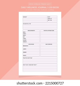 Daily Wellness Journal | Daily Wellness Log Book | Daily Wellness Notebook Printable Template