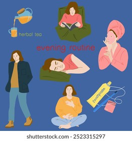 Daily woman evening routine infographics with walking, daily hygiene, herbal tea and reading. Women habits. Flat vector illustration