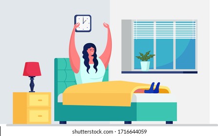 Daily woman morning routine, female wake up isolated on white, flat vector illustration. Female resting on bedroom early awakening and enough sleep, design modern soft bedstead interior.