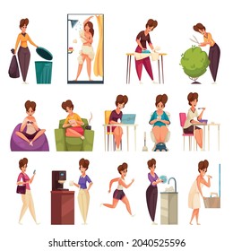 Daily woman routine flat set of female characters doing housework gardening cleaning resting isolated vector illustration