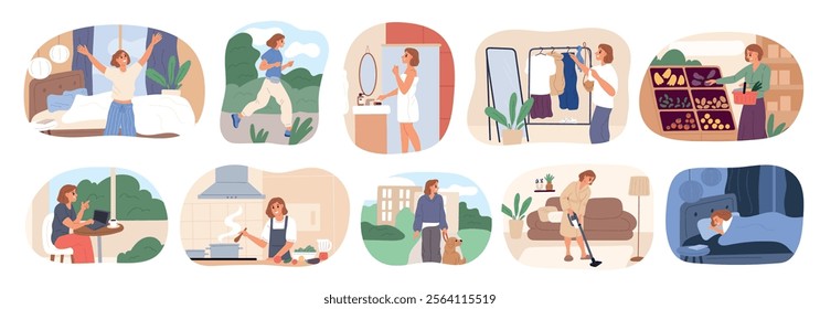 Daily woman routine scenes. Everyday female activities. Leisure and work. Girl taking yourself care. Shopping in supermarket. Walking in park. Dinner food cooking. Garish