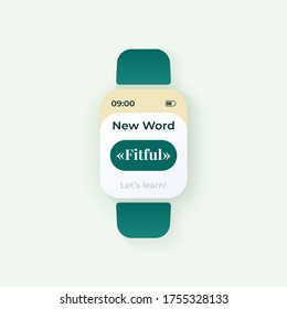 Daily word smartwatch interface vector template. Mobile app notification night mode design. Education message screen. Flat UI for application. E learning and knowledge. Smart watch display