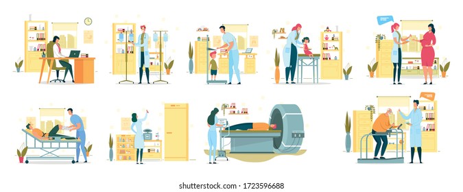 Daily Work Different Specialization Hospital Stuff. Work With Laptop, Filling In Dropper, Measuring Boy Patient Height, Doctor Listen To Child With Stethoscope. Dietitian Consultation, MRI Procedure.