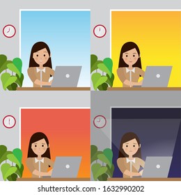 Daily work routine of Asian business woman at office. Working diligently from morning until night. Flat vector design.