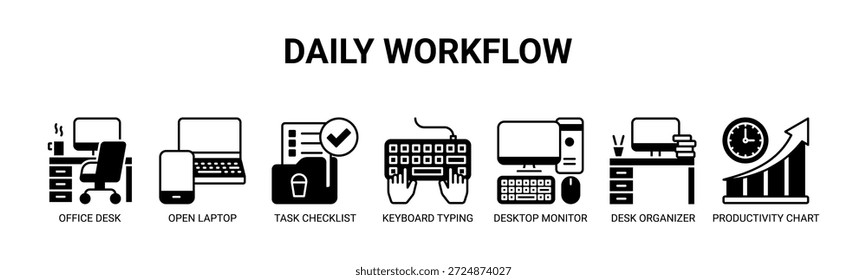 Fluxo de trabalho diário ícone do banner da Web conceito de ilustração vetorial com ícones da mesa do escritório, laptop aberto, lista de verificação de tarefas, digitação do teclado, monitor de desktop, organizador de mesa, gráfico de produtividade.