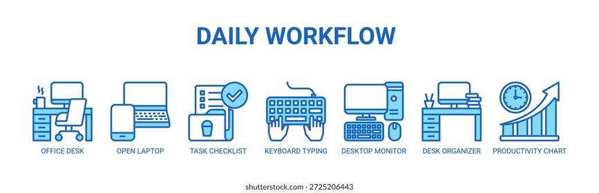 Täglicher Workflow Web-Banner-Symbol, Vektorgrafik-Konzept mit Symbolen von Bürotisch, offenem Laptop, Task-Checkliste, Tastatur-Eingabe, Desktop-Monitor, Desktop-Organizer, Produktivitätsdiagramm.