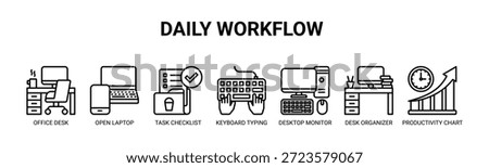 Daily Workflow web banner icon vector illustration concept with icons of office desk, open laptop, task checklist, keyboard typing, desktop monitor, desk organizer, productivity chart.