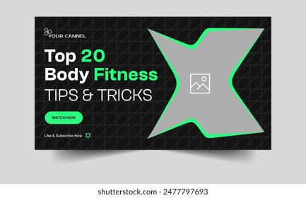 Daily workout exercise tips and trick video cover banner design, creative body fitness video thumbnail banner design, customizable vector eps 10 file format