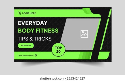 Daily workout plan tis and tricks video thumbnail banner design, everyday fitness techniques video cover banner design, fully customizable vector eps 10 file format