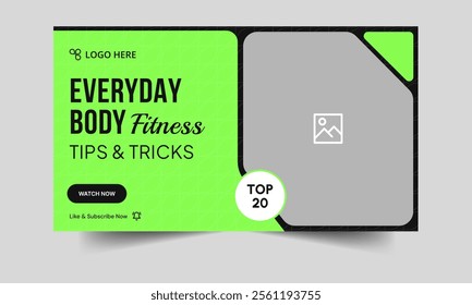 Daily workout techniques video cover banner design, physical exercise tips and tricks video thumbnail banner design, fully editable vector eps 10 file format