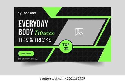 Daily workout techniques video cover banner design, physical exercise tips and tricks video thumbnail banner design, fully editable vector eps 10 file format