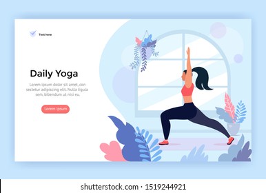 Daily yoga concept illustration, perfect for web design, banner, mobile app, landing page, vector flat illustration. Young woman doing sports workout at home.