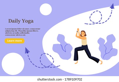 Daily yoga concept illustration, perfect for web design, banner, mobile app, landing page, vector flat illustration. Young woman doing sports workout at home.