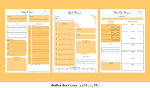 Daily,weekly and goal planner template set.Minimalist and modern style. Ready to print A4 sheets.Vector illustration