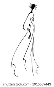 A dainty black woman in a long dress. Hand drawing.