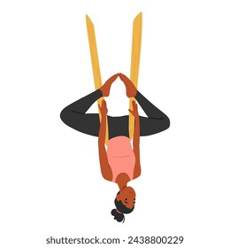 Dainty Character Woman Gracefully Performs Aerial Yoga, Suspended In Silk Hammock Upside Down, Her Body Elegantly Contorted In A Challenging Pose, Exuding Tranquility And Strength. Vector Illustration