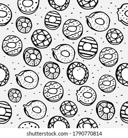Dainty Donut Illustration: A captivating stock vector featuring a seamless pattern of hand-drawn donuts with thin black outlines, ideal for enhancing your designs with a charming and delectable touch.