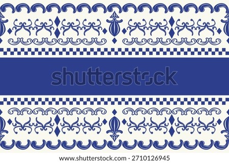 Dainty elaborate royal blue scroll ornament hand drawn and geometric design on white background seamless border pattern. Luxury timeless ancient combine for decoration, garment, fabrics, textiles, rug