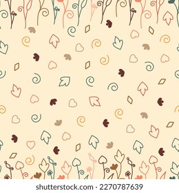 Dainty floral seamless pattern. Aesthetic blooming wildflowers, leaves, squiggles, and hearts. Allover printed flowery surface pattern. Exquisite tileable floral texture. Continuous greenery pattern.