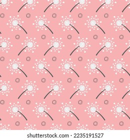 Dainty floral seamless surface pattern design. Aesthetic bunch of blooming dandelion flowers. Allover printed flowery texture with pink background. Exquisite tileable floral arrangement. 