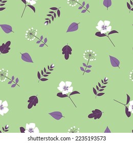 Dainty floral seamless surface pattern design. Aesthetic bunch of blooming periwinkle flowers and leaves. Allover printed flowery texture with mint background. Exquisite tileable floral arrangement. 