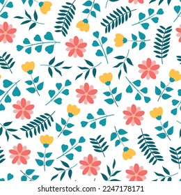 Dainty floral seamless surface pattern. Aesthetic bunch of blooming wildflowers and leaves. Allover printed flowery texture. Exquisite tileable floral arrangement. Continuous greenery pattern design. svg