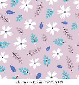 Dainty floral seamless surface pattern. Aesthetic bunch of blooming scandi wildflowers and leaves. Allover printed flowery texture. Exquisite tileable floral arrangement. Continuous greenery pattern.